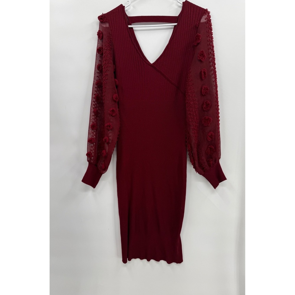 Almost‎ Famous XL Bodycon Dress Womens Burgundy Sheer Pom Pom Sleeve Open Back